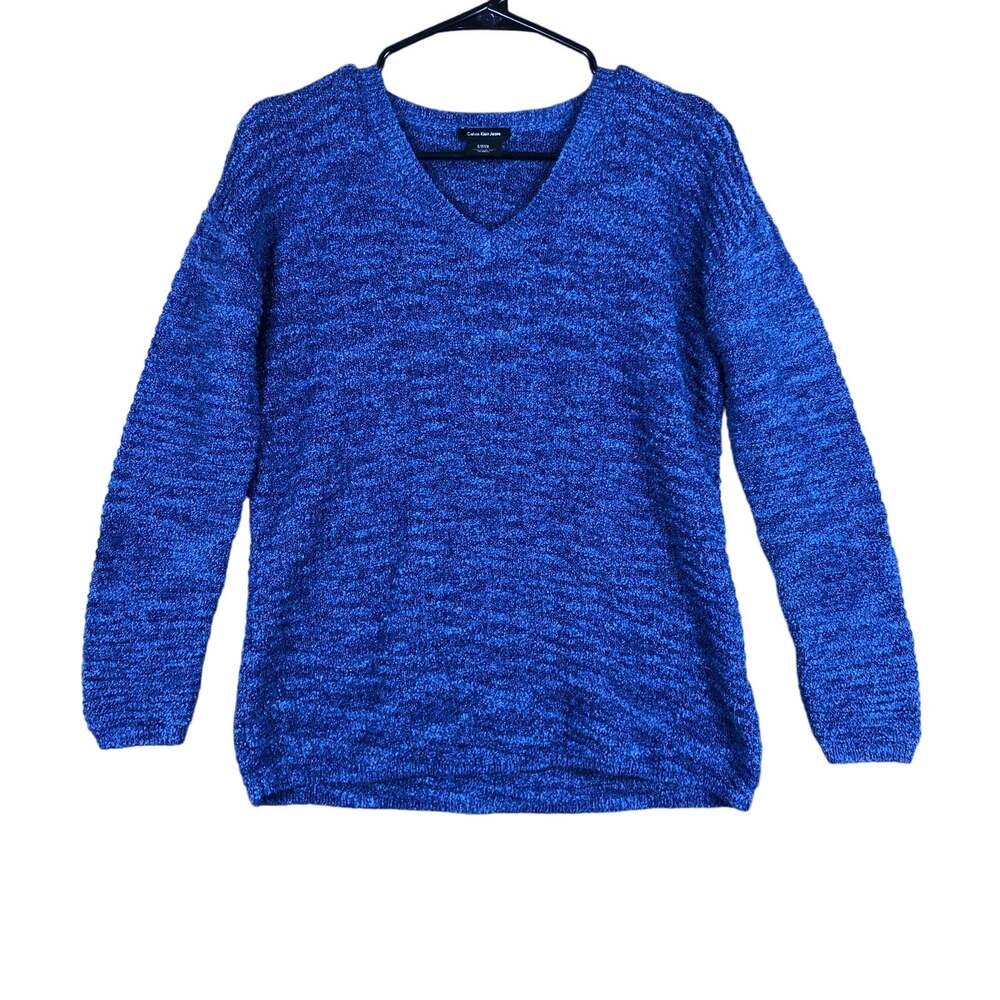 Calvin Klein Womens Sweater Blue Knit V Neck Long Sleeve Cotton Blend Small